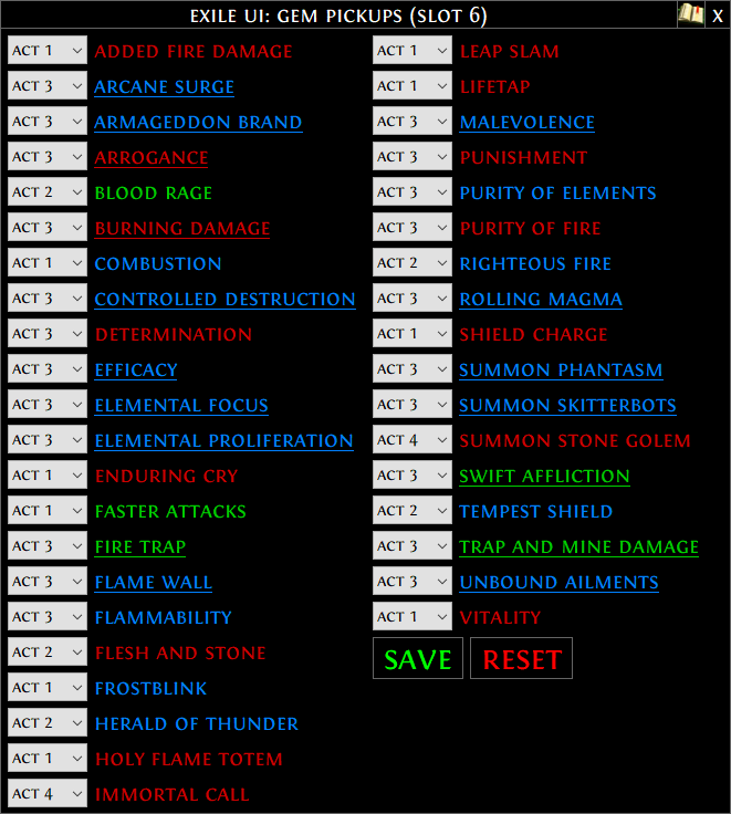 Exile-UI Act-Tracker gem quest configuration showing act numbers, gem names and selection controls.