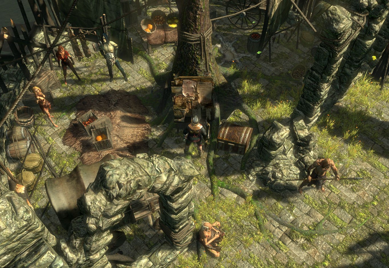 Character in the Forest Encampment among trees, wooden structures, merchants and the Act 2 stash.