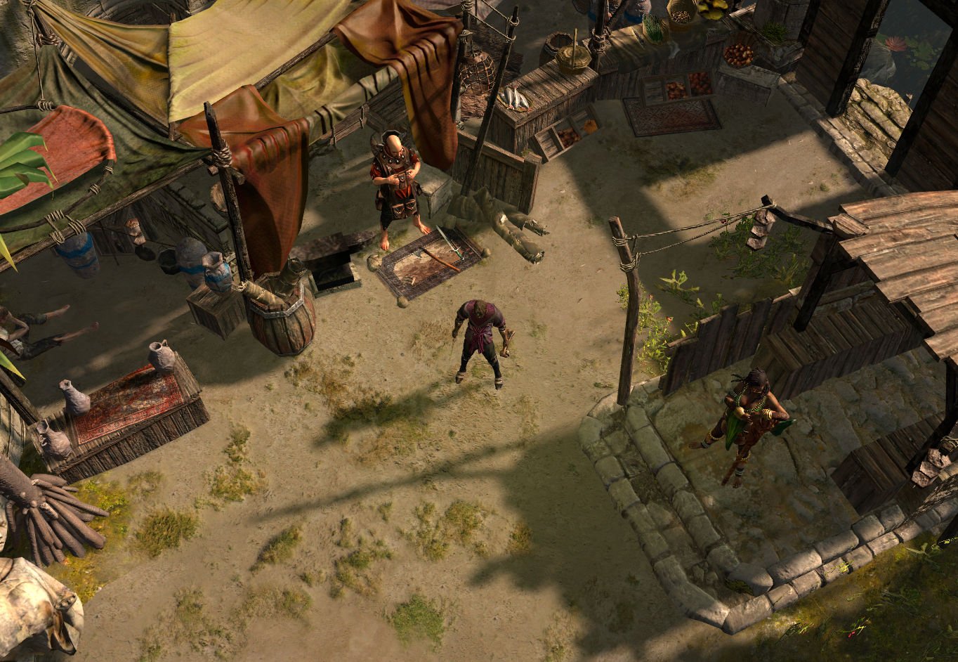Character among merchant tents in the Sarn Encampment of Path of Exile Act 3.