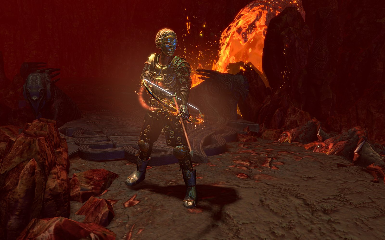 Kaom wearing golden armor and carrying a large axe in a volcanic Path of Exile area.