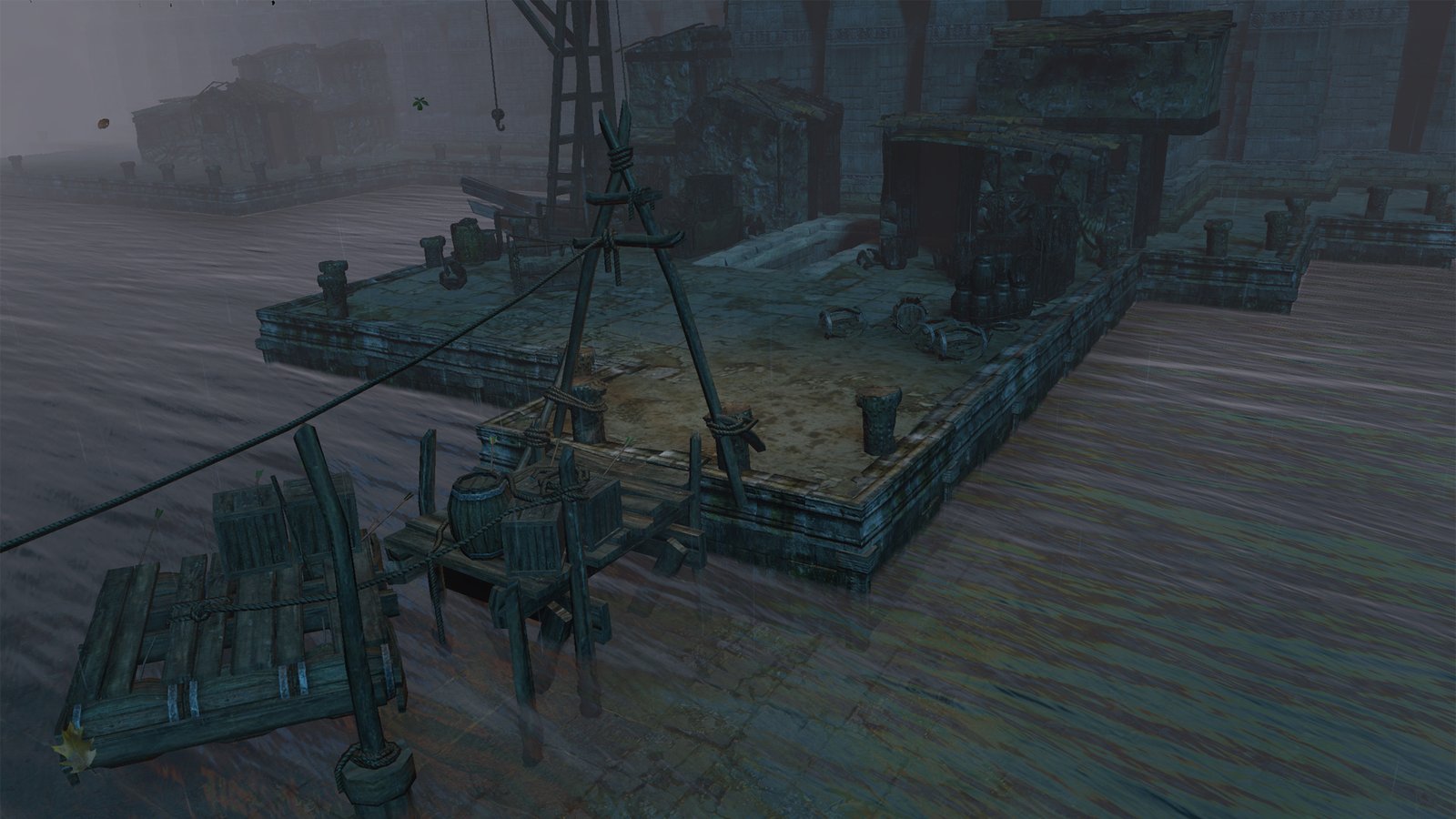 Wooden walkways and dock buildings at The Quay in Path of Exile Act 8.