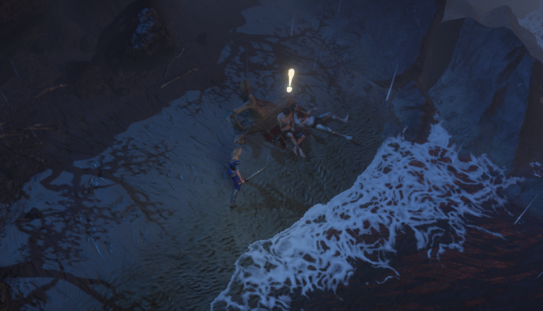Personagem diante do Dying Exile, junto aos destroços e ao mar da Twilight Strand, no início do Ato 1 de Path of Exile.