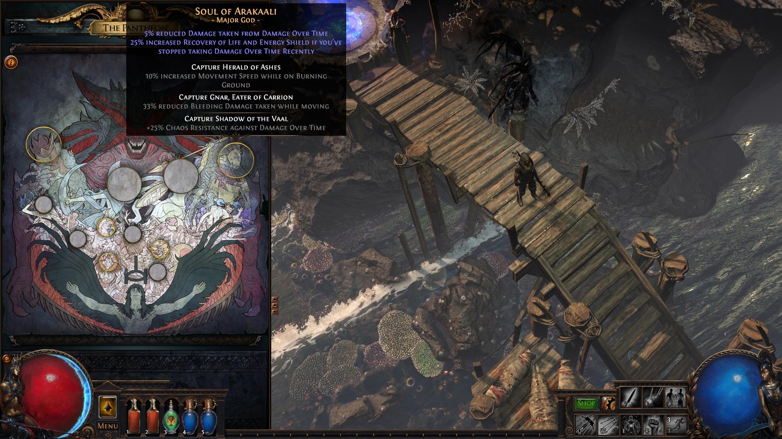 Path of Exile Pantheon panel showing Soul of Arakaali next to the game scene.