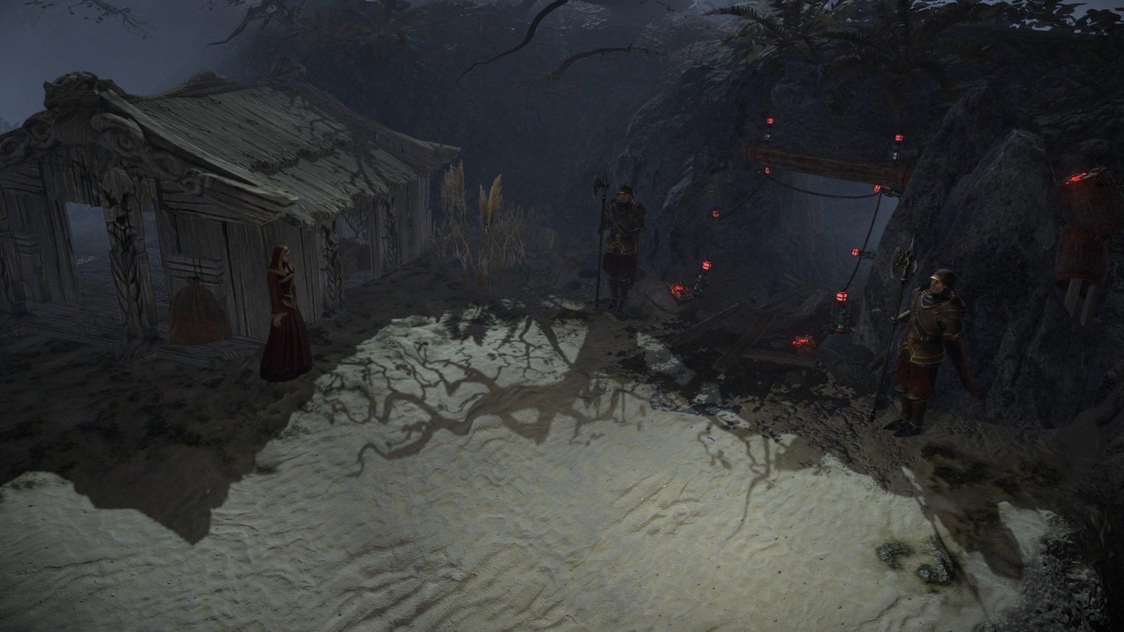 Karui Shores encampment with tents, residents, militia, and boats along the coast.