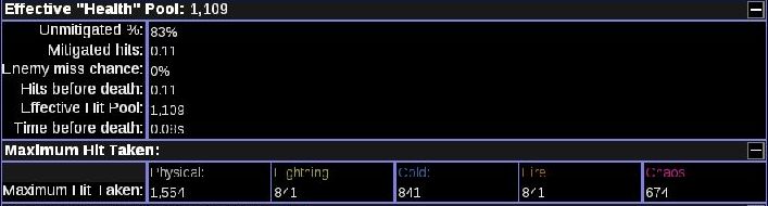 PoB 2.67.2 defence summary displaying EHP 1,109 and maximum hit values 1,554 physical, 841 elemental and 674 chaos.