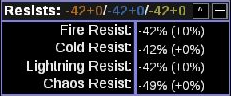 Path of Building Community 2.67.2 Calcs → Resists showing 42% fire, cold and lightning resistance and −49% chaos on an incomplete build.