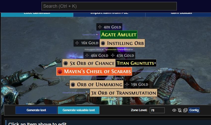 FilterBlade Loot Generator in Path of Exile 1 showing simulated labels for Gold, Instilling Orb and other currency with different sizes and highlight colors.