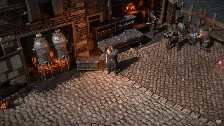 Dannig diante de uma bancada com runas, armas e fornos acesos na forja de Kingsmarch, em captura oficial de Path of Exile 1: Settlers of Kalguur (2024).