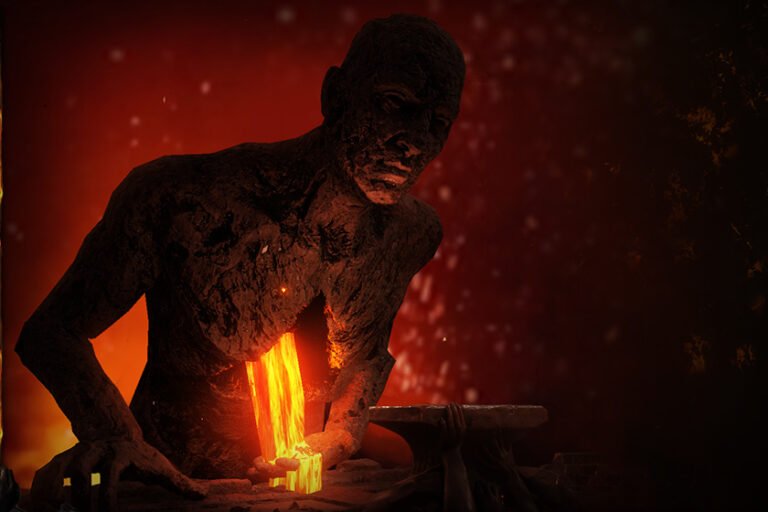 Titã com metal incandescente escorrendo do peito sobre uma forja, em arte oficial de Path of Exile: Crucible.