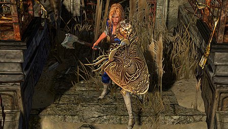 Scion carrying an axe and shield among plants and ruins in Wraeclast, Path of Exile.
