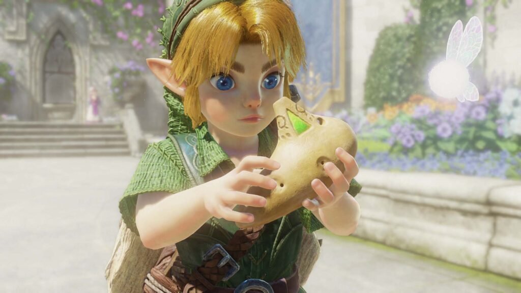 Young Link playing the ocarina with Navi beside him in The Legend of Zelda: Ocarina of Time (2026).