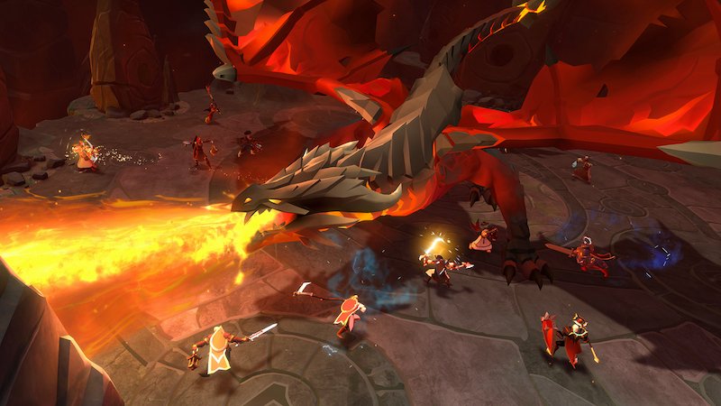 Grupo de Albion Online luchando contra Azaryon mientras el jefe lanza fuego en Dragon Sanctuary.