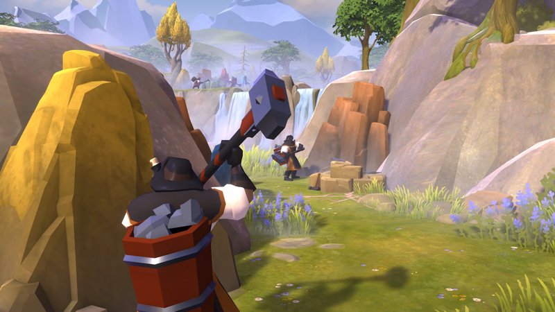 Personajes recolectando piedra con martillos de piedra en Albion Online.