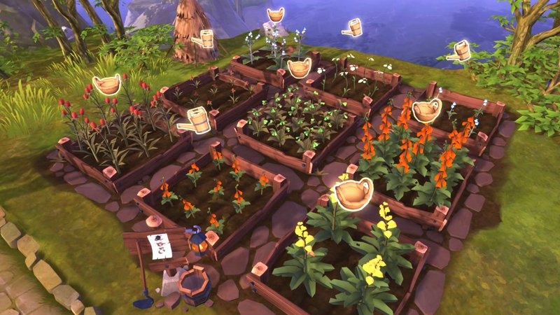Jugadores de Albion Online junto a parcelas cultivadas en una isla agrícola.