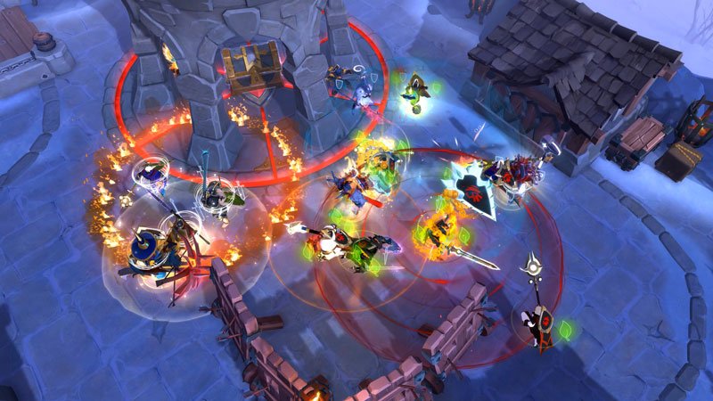 Batalla de facciones de Albion Online con numerosos jugadores y efectos de habilidades.