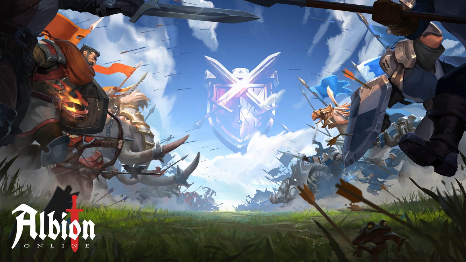 Ejércitos rivales de gremios de Albion Online con estandartes ante una fortificación.