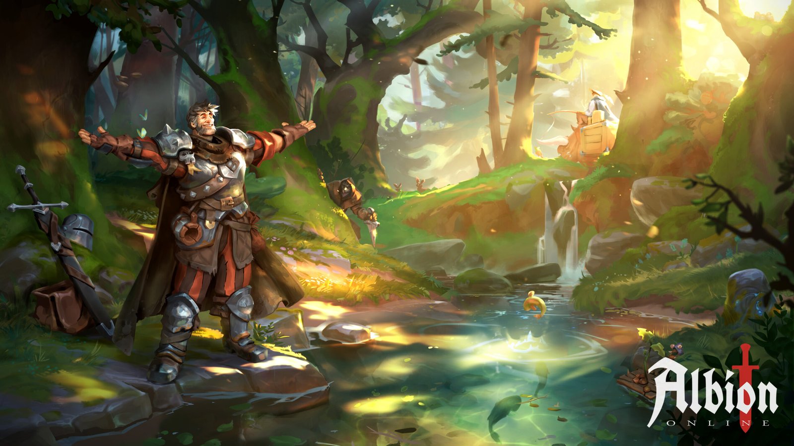 Arte de Radiant Wilds de Albion Online con aventureros y animales en un bosque luminoso.