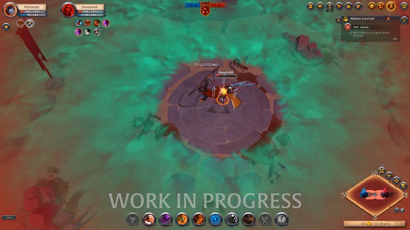 Dos jugadores en combate JcJ en la Arena 1c1 de Albion Online, en una vista previa oficial marcada Work in Progress.