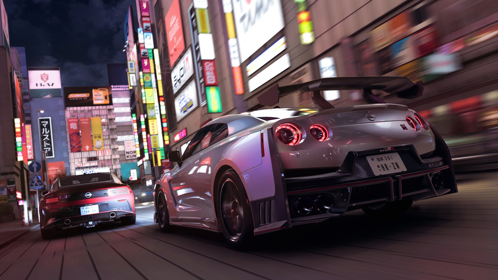 Sports cars racing under Japanese neon signs in Forza Horizon 6.