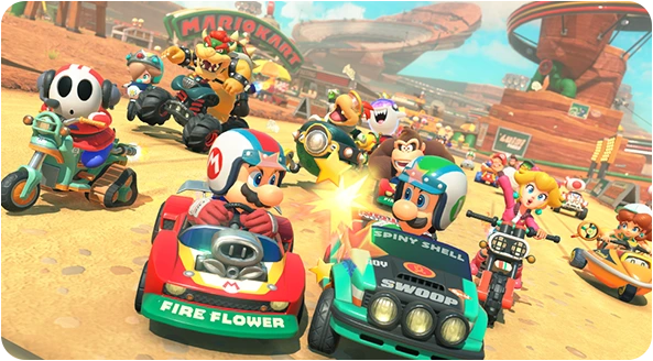Mario and other racers line up their karts at the start in Mario Kart World.