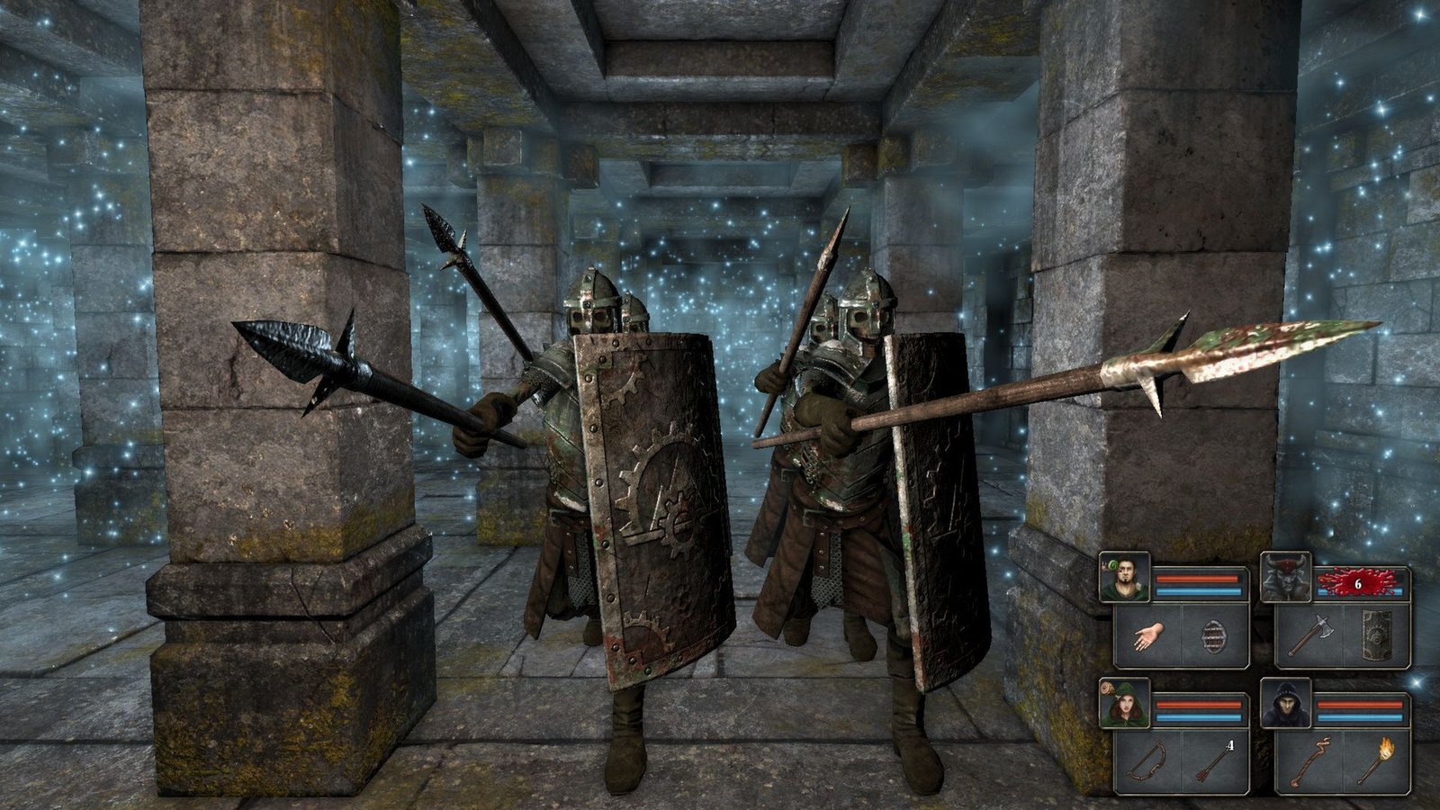 Skeleton warriors with spears and shields inside a stone corridor in Legend of Grimrock.