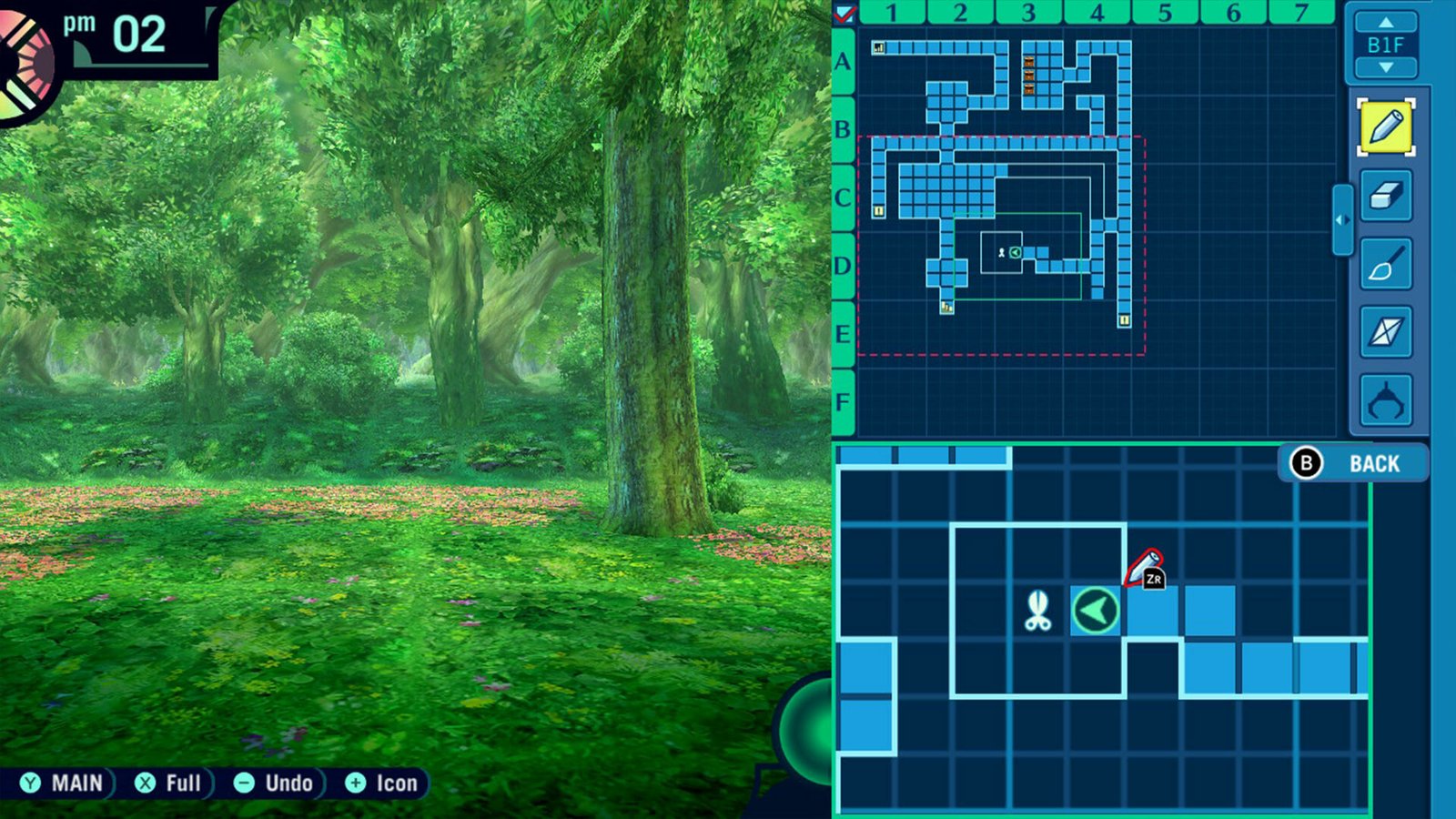 Wooded labyrinth in Etrian Odyssey HD with a first-person exploration view and grid map displayed side by side.