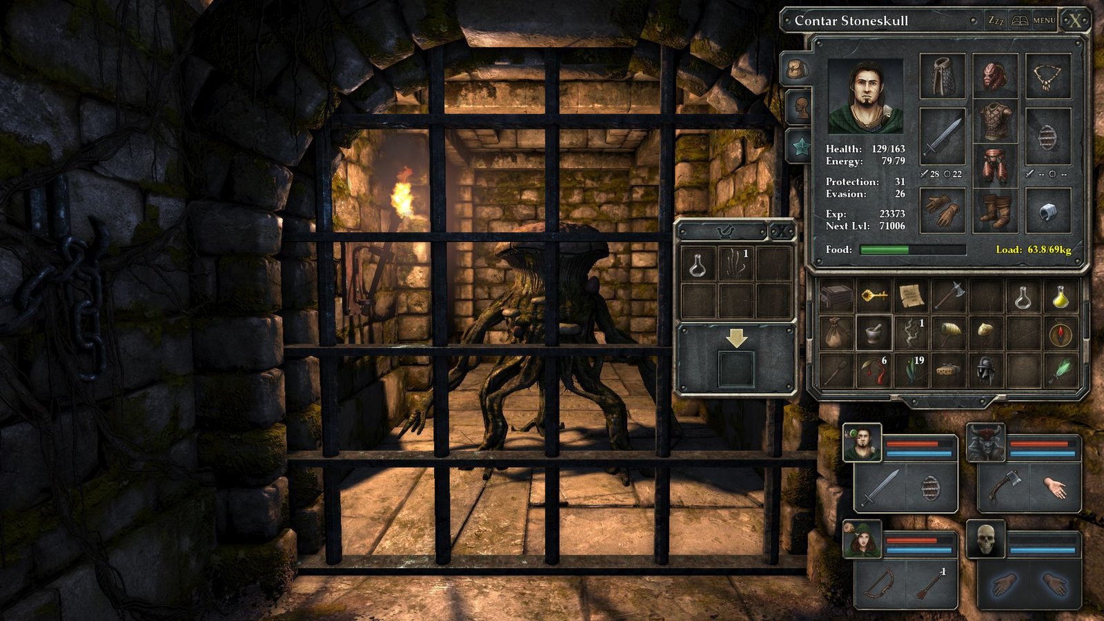 Creature behind a metal grate with a character inventory panel open in Legend of Grimrock.