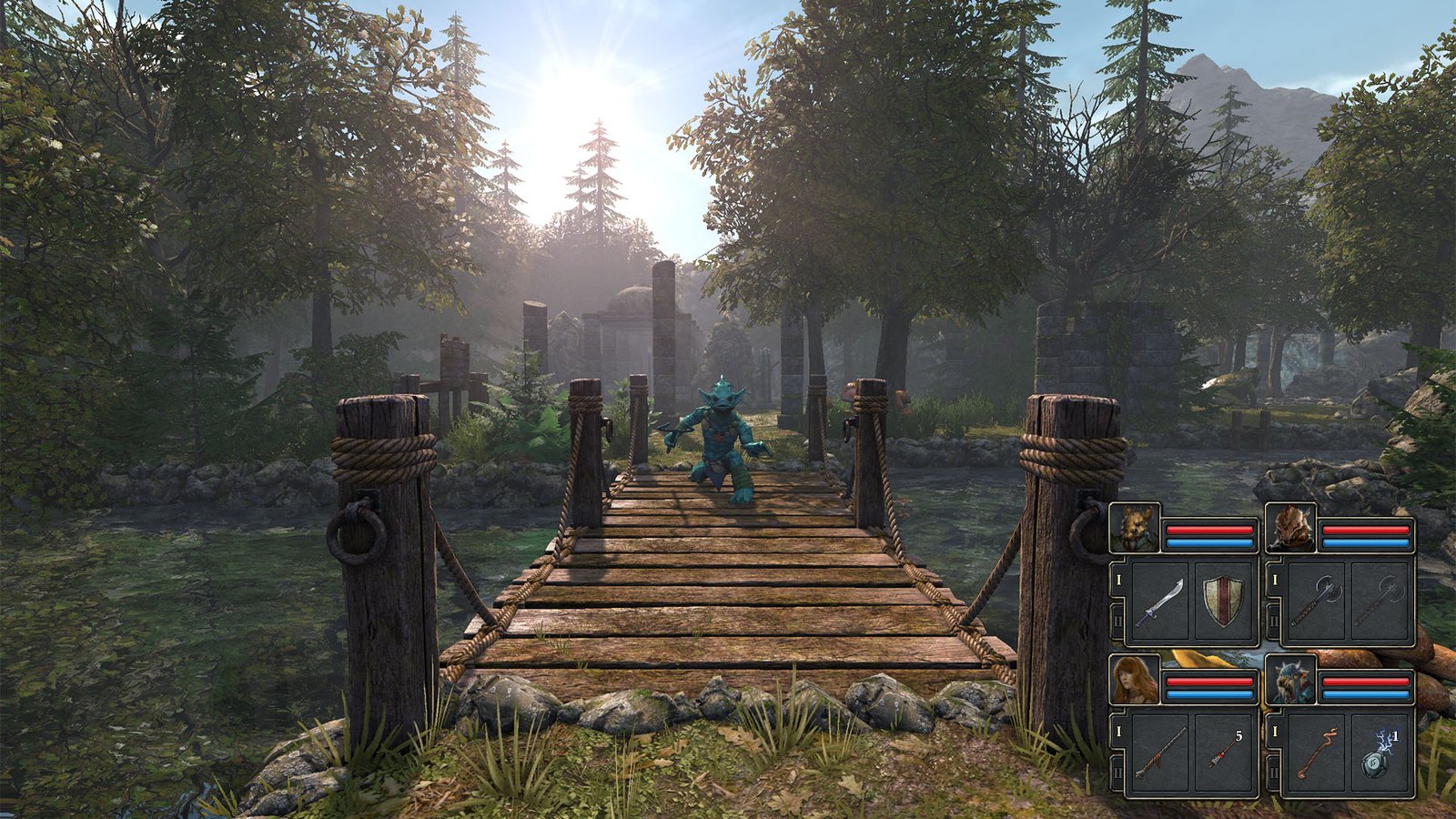 First-person party view of a wooden bridge surrounded by foliage on the Isle of Nex in Legend of Grimrock 2.