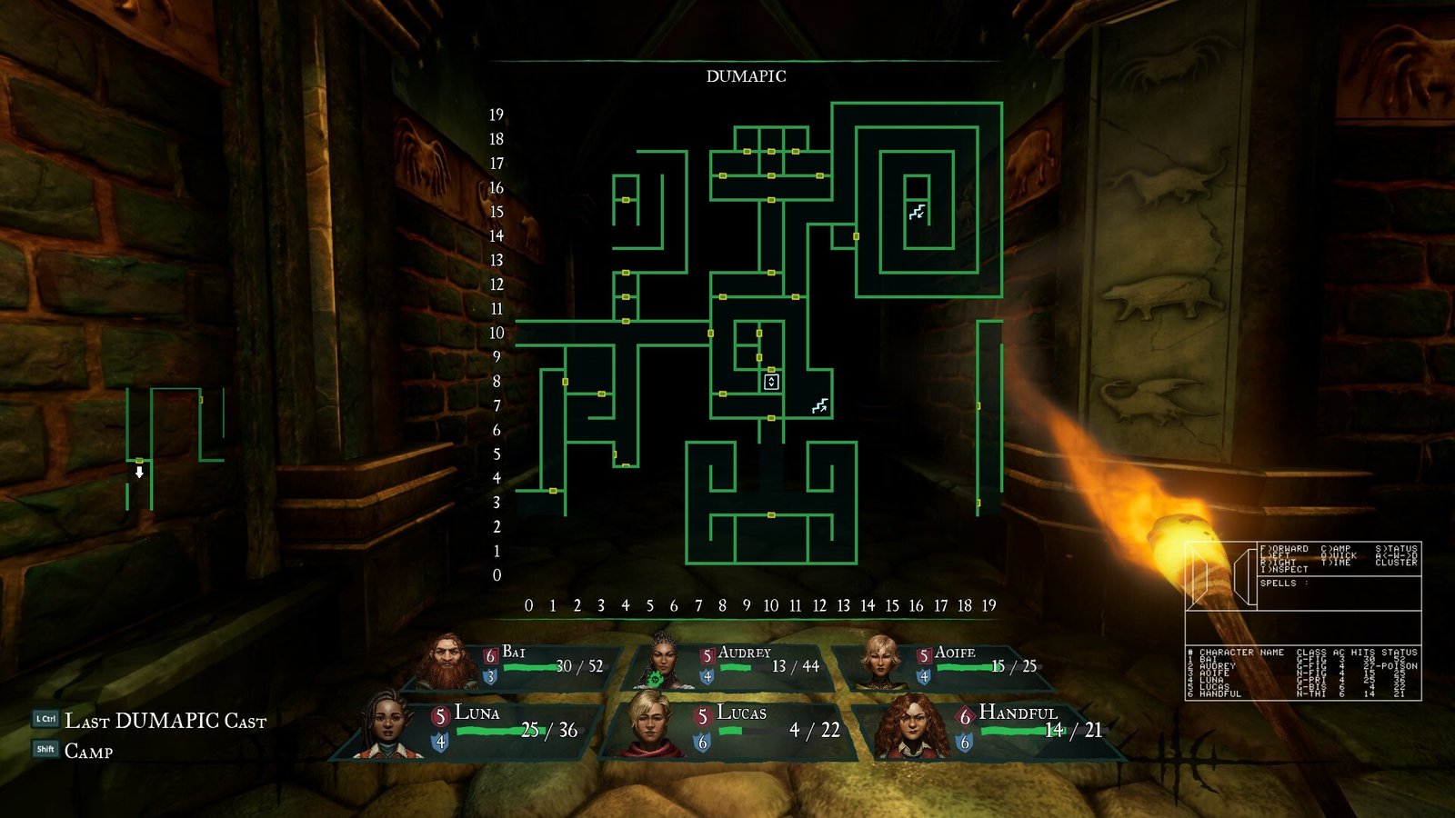 Labyrinth map overlaying a corridor and party interface in the 2024 remake of Wizardry.