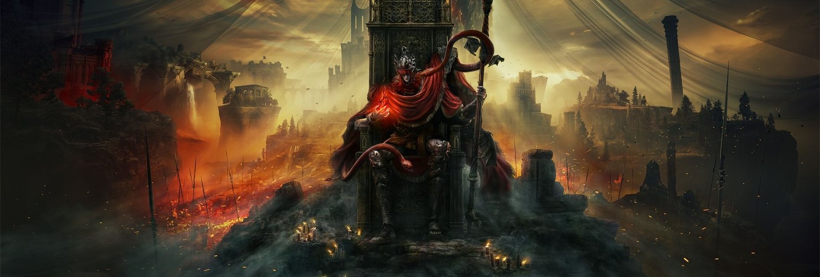 Arte oficial de Shadow of the Erdtree com Messmer sentado diante de uma paisagem em chamas