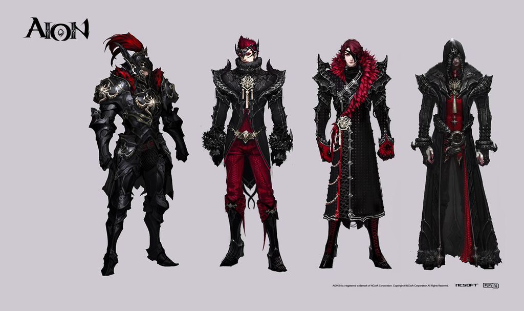 Estudos de personagens do Aion original, vistos de frente e de costas com armaduras pretas e detalhes vermelhos.