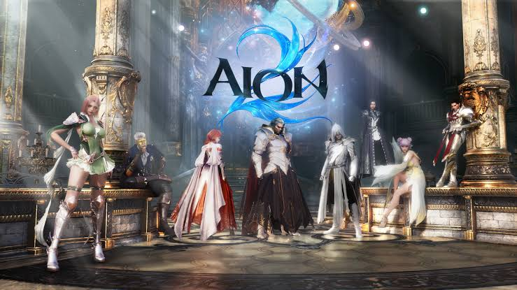 Personagens com armas e trajes variados reunidos em um salão com colunas e o logotipo de AION 2.