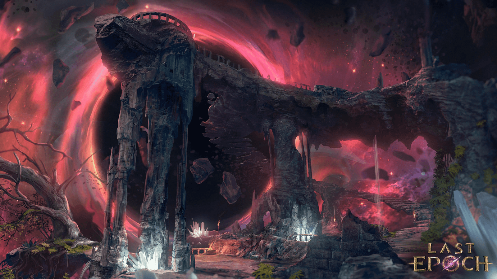 Arte oficial de Last Epoch com ruínas, um vórtice vermelho e o logotipo do jogo.