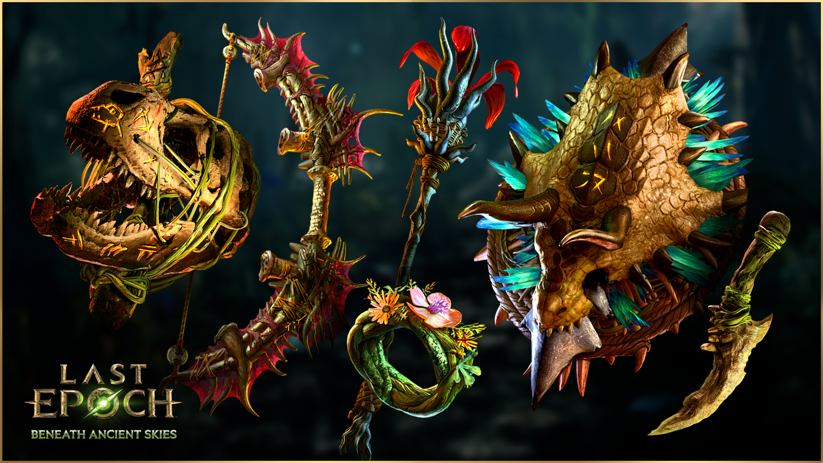 Primordial weapons, shield and ring from Last Epoch Primal Hunt promotional artwork.
