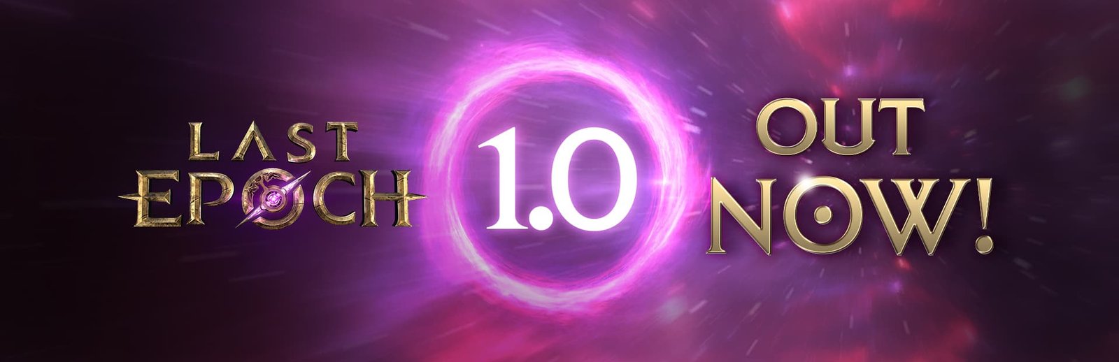 Banner roxo de Last Epoch com portal luminoso e a mensagem 1.0 Out Now!