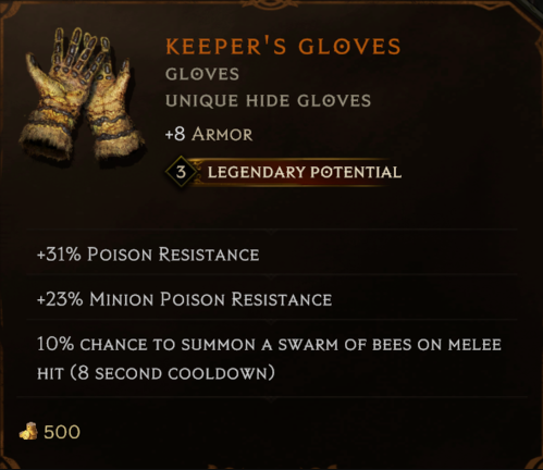 Keeper’s Gloves Unique tooltip in Last Epoch displaying three Legendary Potential.