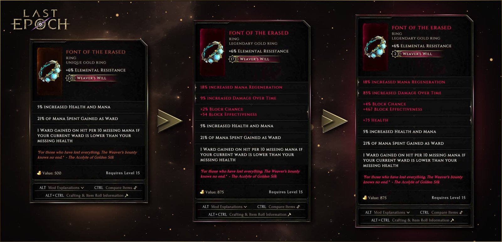 Three stages of Font of the Erased showing affixes developing with Weaver’s Will.