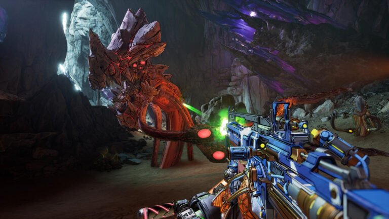 Combate em primeira pessoa contra uma criatura em Borderlands 4, com arma e indicadores na tela