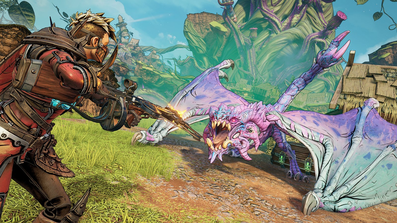 First-person weapon points at an enemy in Tiny Tina's Wonderlands fantasy setting.