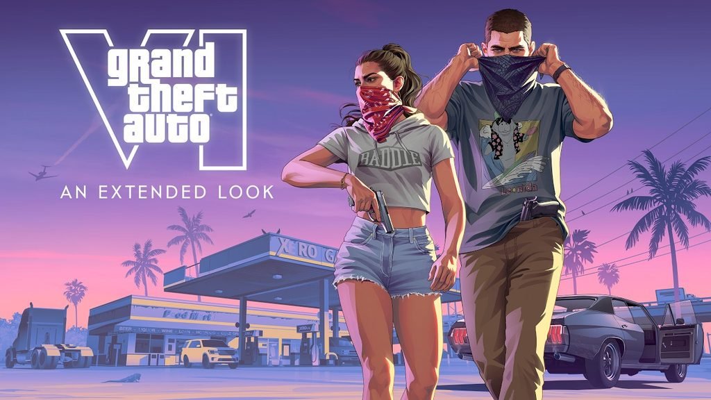 Jason e Lucia com lenços no rosto ao lado do logotipo de GTA VI e do título An Extended Look