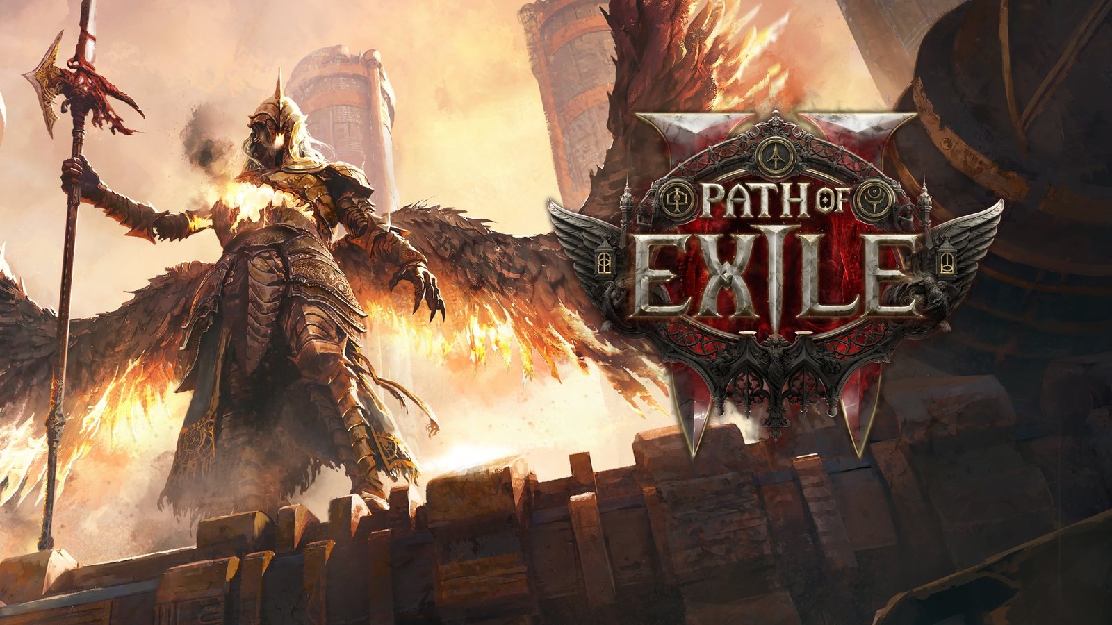 Figura alada com armadura e haste diante de ruínas iluminadas, ao lado do logotipo de Path of Exile 2.