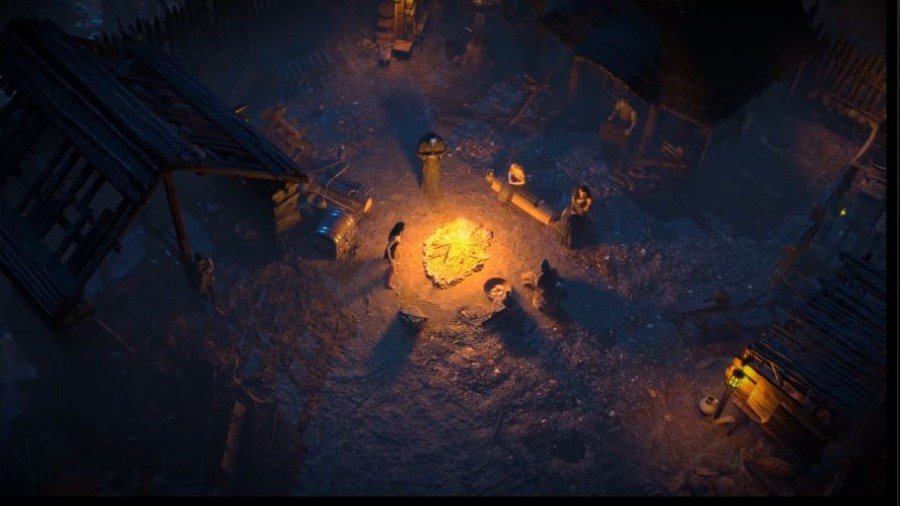 Personagens reunidos ao redor de uma fogueira em uma aldeia escura no anúncio original de Path of Exile 2.