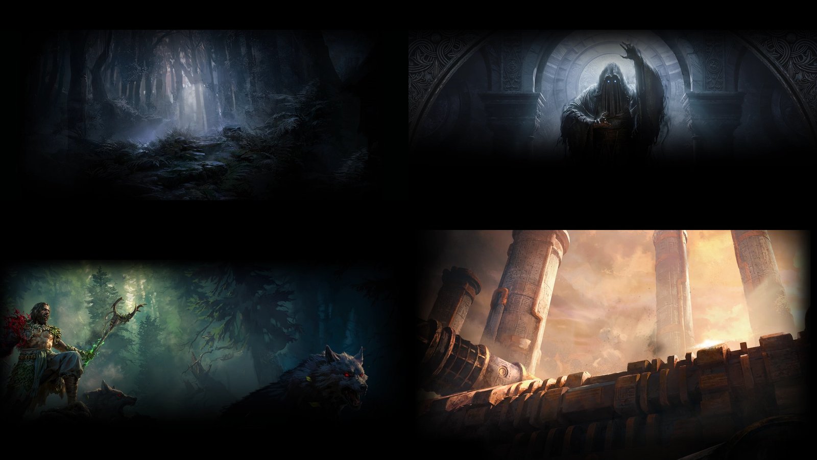 Montagem em quatro painéis das artes de Dawn of the Hunt, The Third Edict, The Last of the Druids e Return of the Ancients.