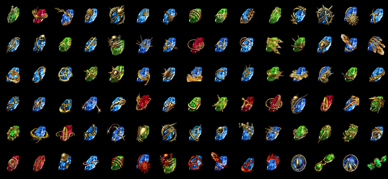 Red, green, and blue Path of Exile Skill Gem icons arranged against a black background.