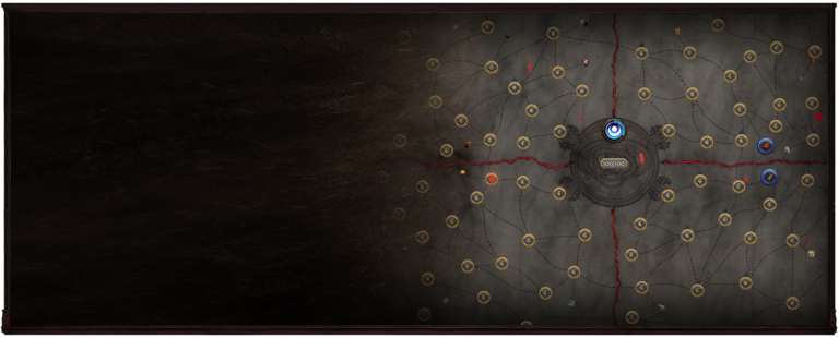 Atlas de Path of Exile com mapas conectados ao centro e divisões entre quadrantes.