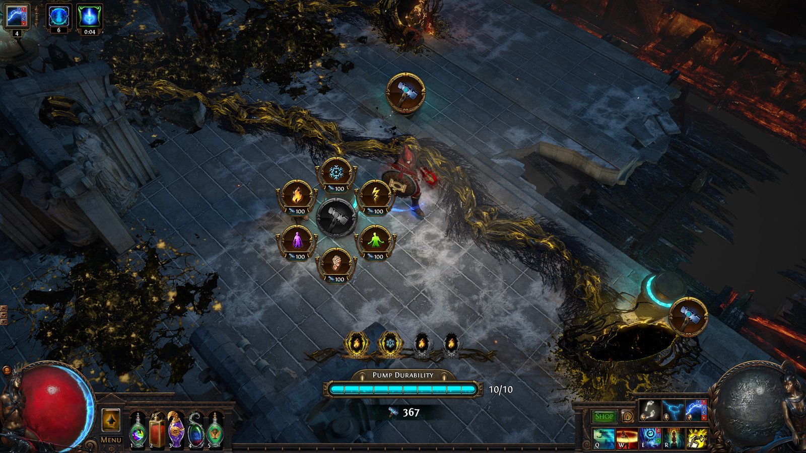 Blight tower-building options displayed beside monster paths in Path of Exile.