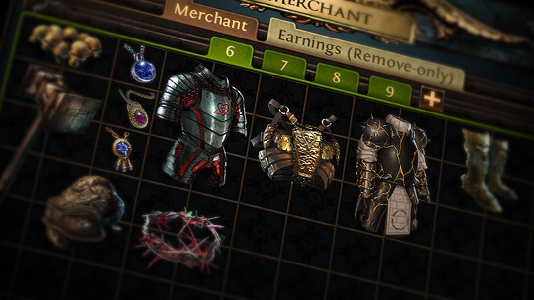 Ilustração oficial de uma Merchant’s Tab com equipamentos e a aba Earnings (Remove-only).