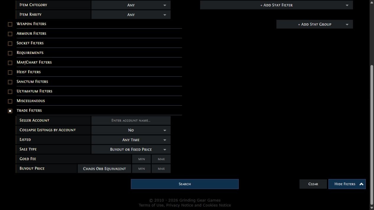 Advanced Path of Exile trading filters showing sale type, Gold fee and Chaos Orb item price.