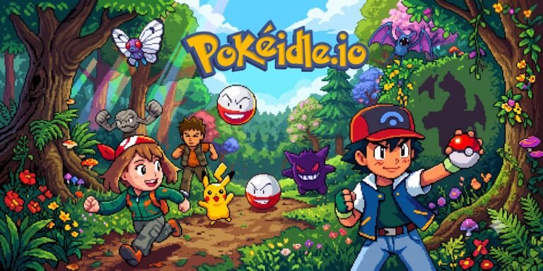 Banner de Pokéidle.io com o logo do jogo, treinadores, Pikachu, Gengar e outros Pokémon numa floresta.