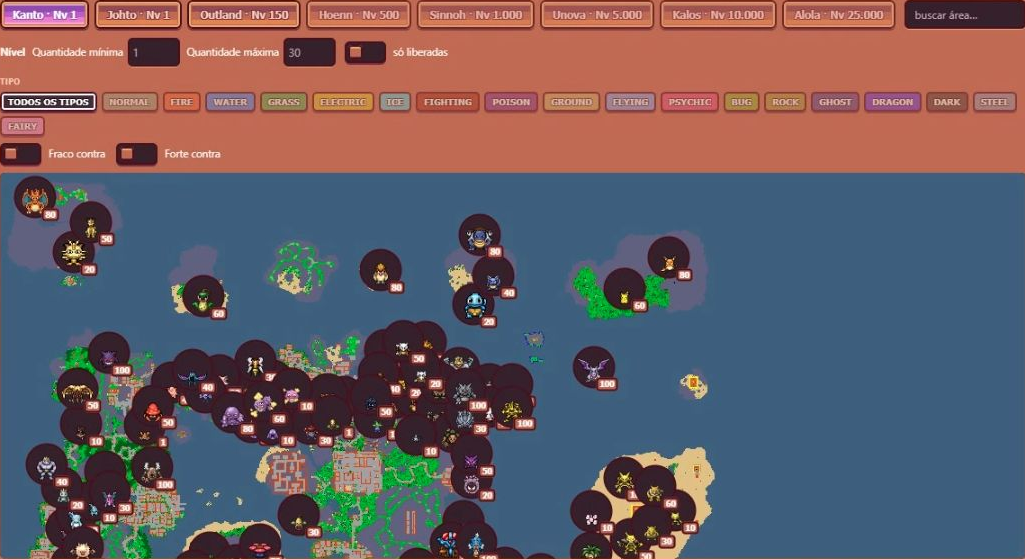 Pokéidle.io Kanto map with region and type filters, Pokémon markers and hunt-level requirements.